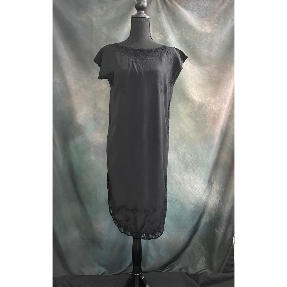 Satyuga‎ Vintage Black Embroidered Lace Trim Midi Dress Kaftan Style Size Small